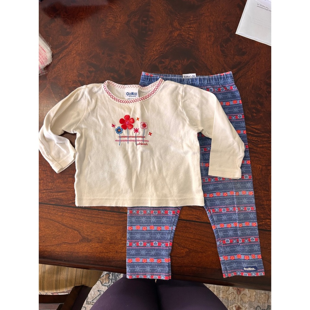 OshKosh Bgosh Girls 24 Months Floral Embroidered Top and Printed Leggings VTG